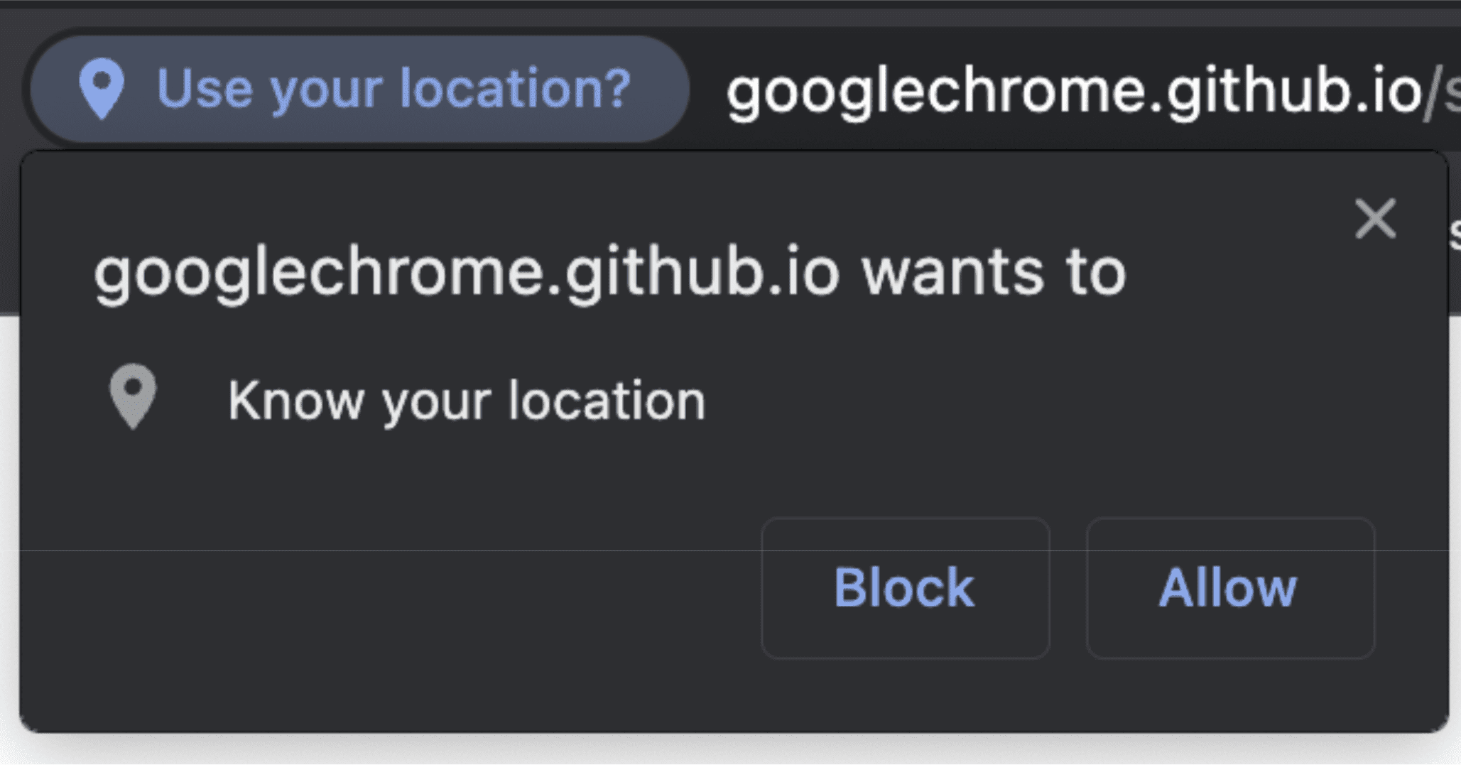 Une capture d&#39;écran de l&#39;invite d&#39;autorisation qui s&#39;affiche lorsqu&#39;un site Web demande à accéder à l&#39;API de géolocalisation