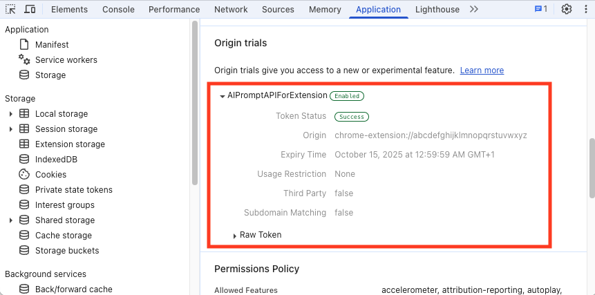 DevTools の [Application] パネルに表示されるオリジン トライアル情報。