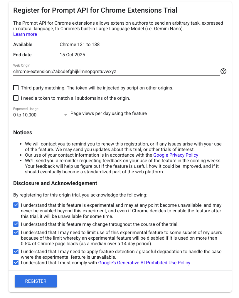 Origin trial registration form.
