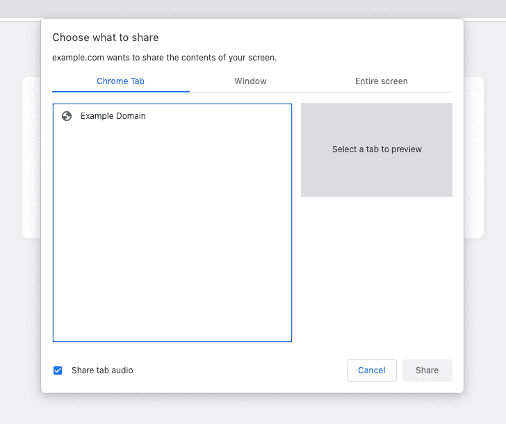 Boîte de dialogue de partage d&#39;écran pour example.com