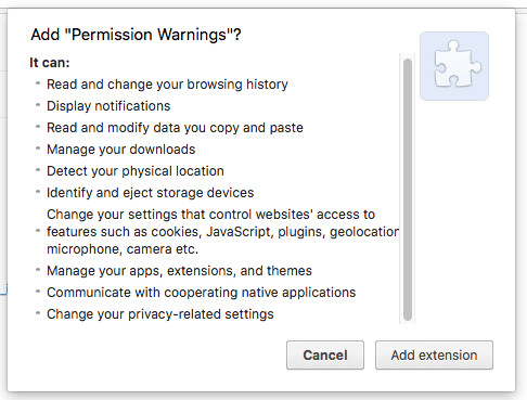 Advertencias de permisos de extensiones durante la instalación
