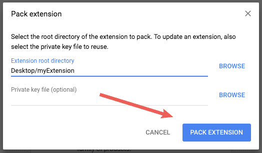 Especifica la ruta de la extensión y, luego, haz clic en Empaquetar extensión.