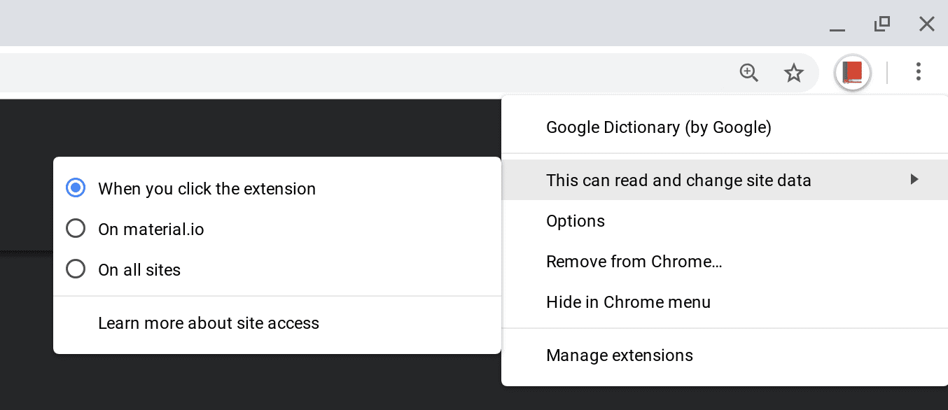 A screenshot of the context menu controls for runtime host permissions,
            including options to run the extension on click, on a specific site, or on all sites.