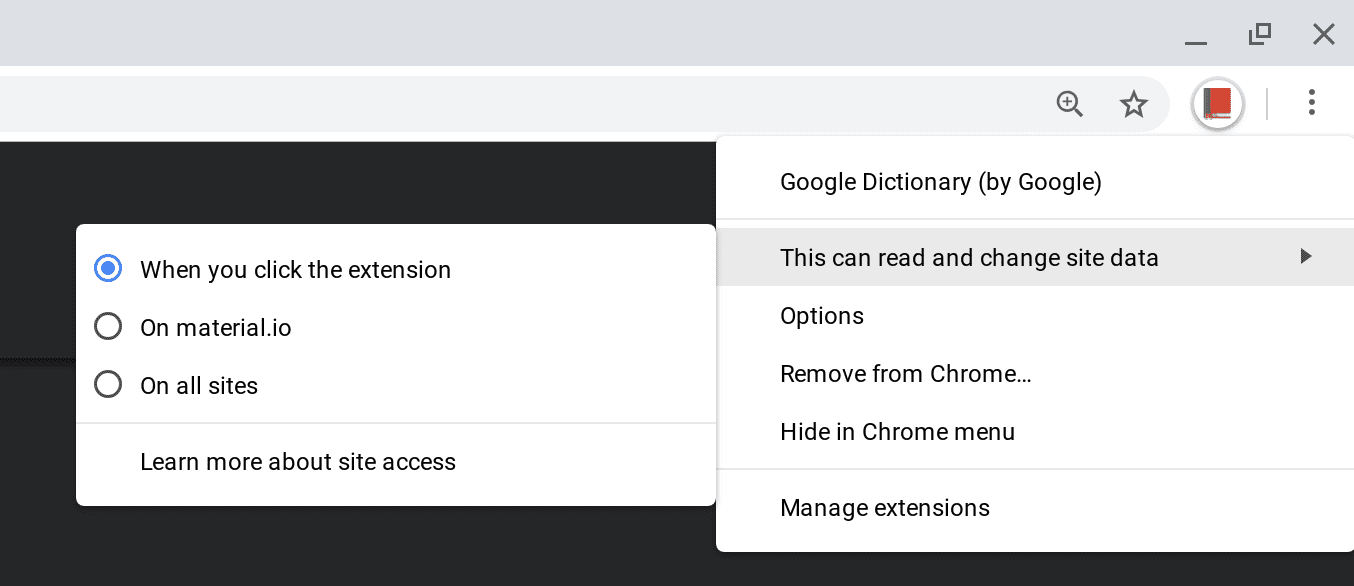 Capture d&#39;écran des commandes du menu contextuel pour les autorisations d&#39;hôte d&#39;exécution, y compris les options permettant d&#39;exécuter l&#39;extension lors d&#39;un clic, sur un site spécifique ou sur tous les sites.