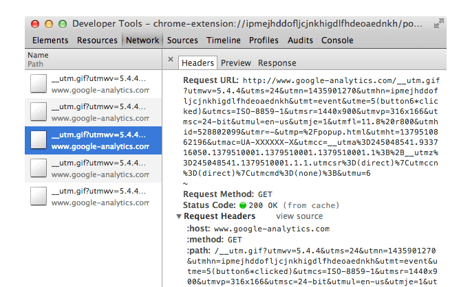 Developer Tools window showing the __utm.gif request