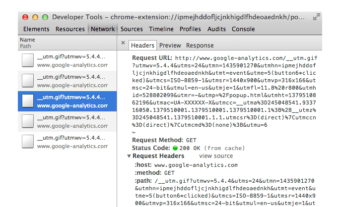 __utm.gif リクエストが表示されたデベロッパー ツール ウィンドウ