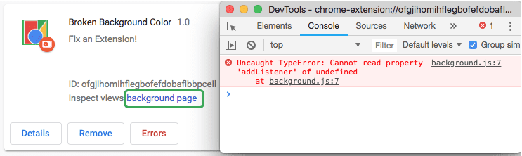 DevTools mostrando o erro do script em segundo plano