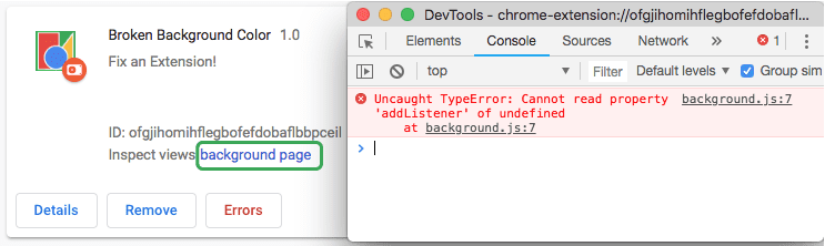 バックグラウンド スクリプトのエラーが表示されている DevTools