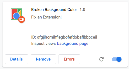 Image displaying error button on extension management page