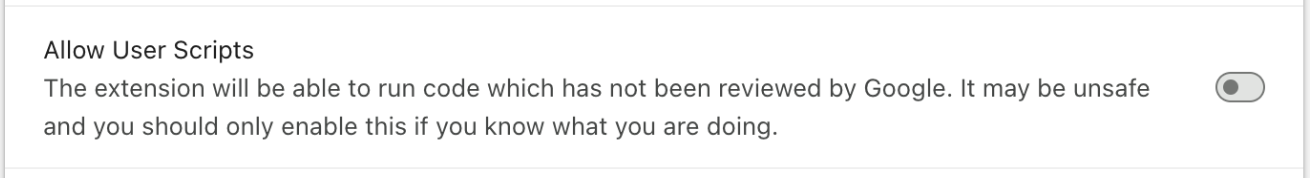 擴充功能詳細資料頁面上的「允許使用者指令碼」切換鈕