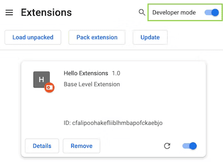 Geliştirici modu açma/kapatma düğmesinin vurgulandığı Chrome Uzantıları sayfası