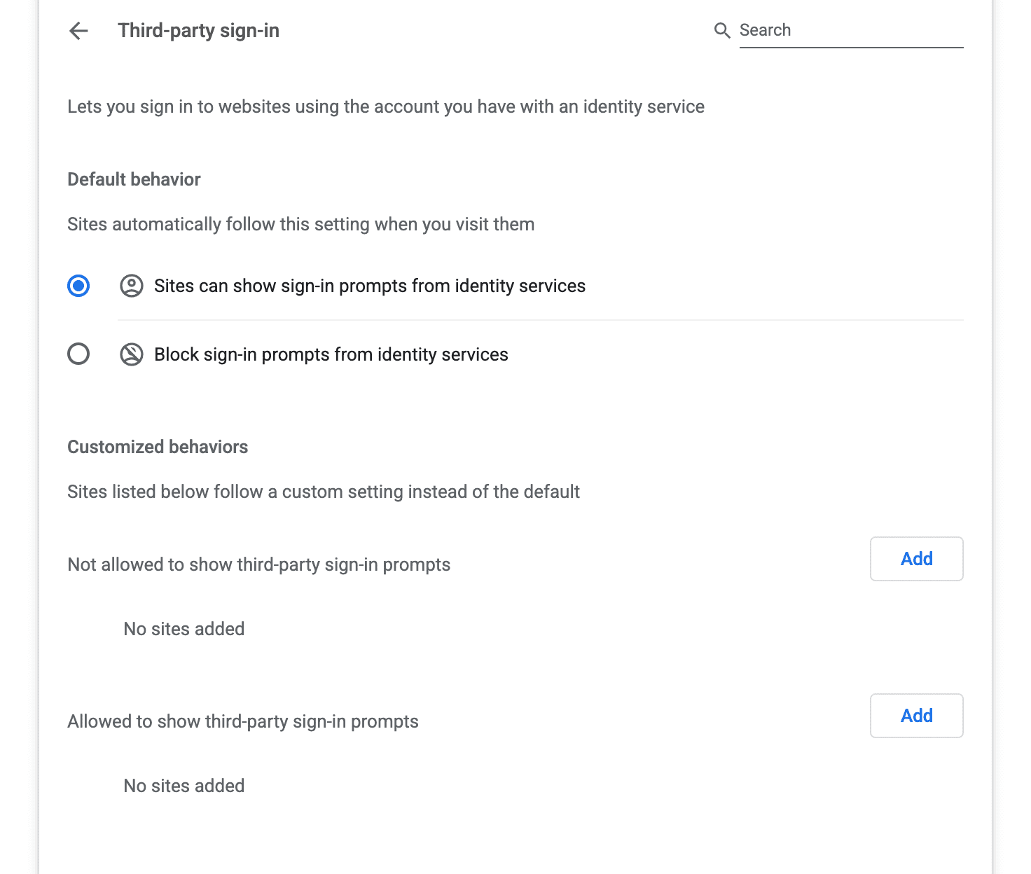 パソコン版の Chrome の設定で [サードパーティのログイン] をオンに切り替えることで、FedCM を有効にできます。