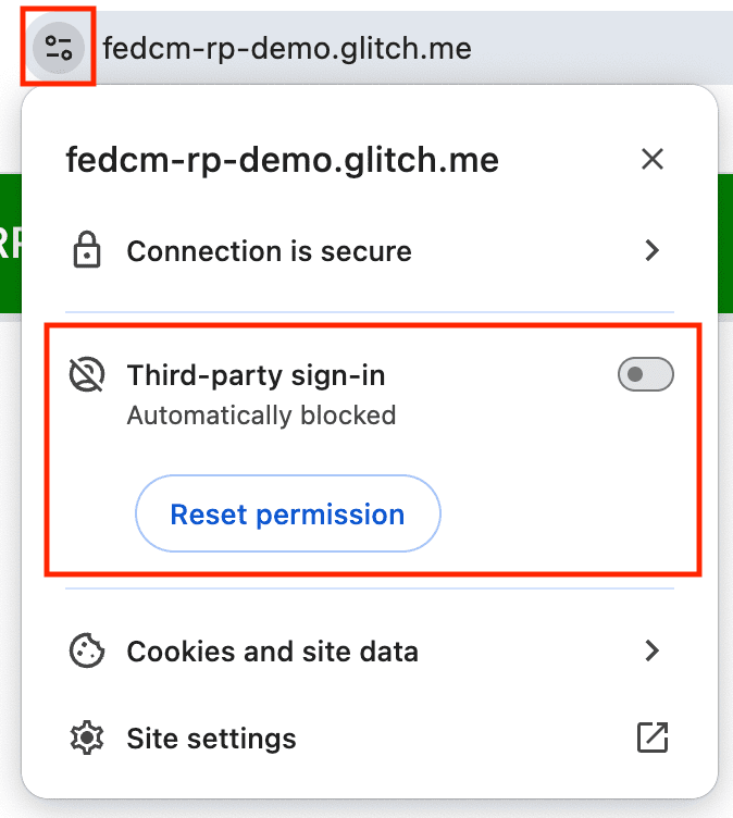 [サードパーティのログイン] をオンに切り替えて、URL バーで FedCM を有効にします。