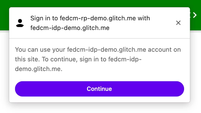 IdP へのログインを促す FedCM ダイアログ。