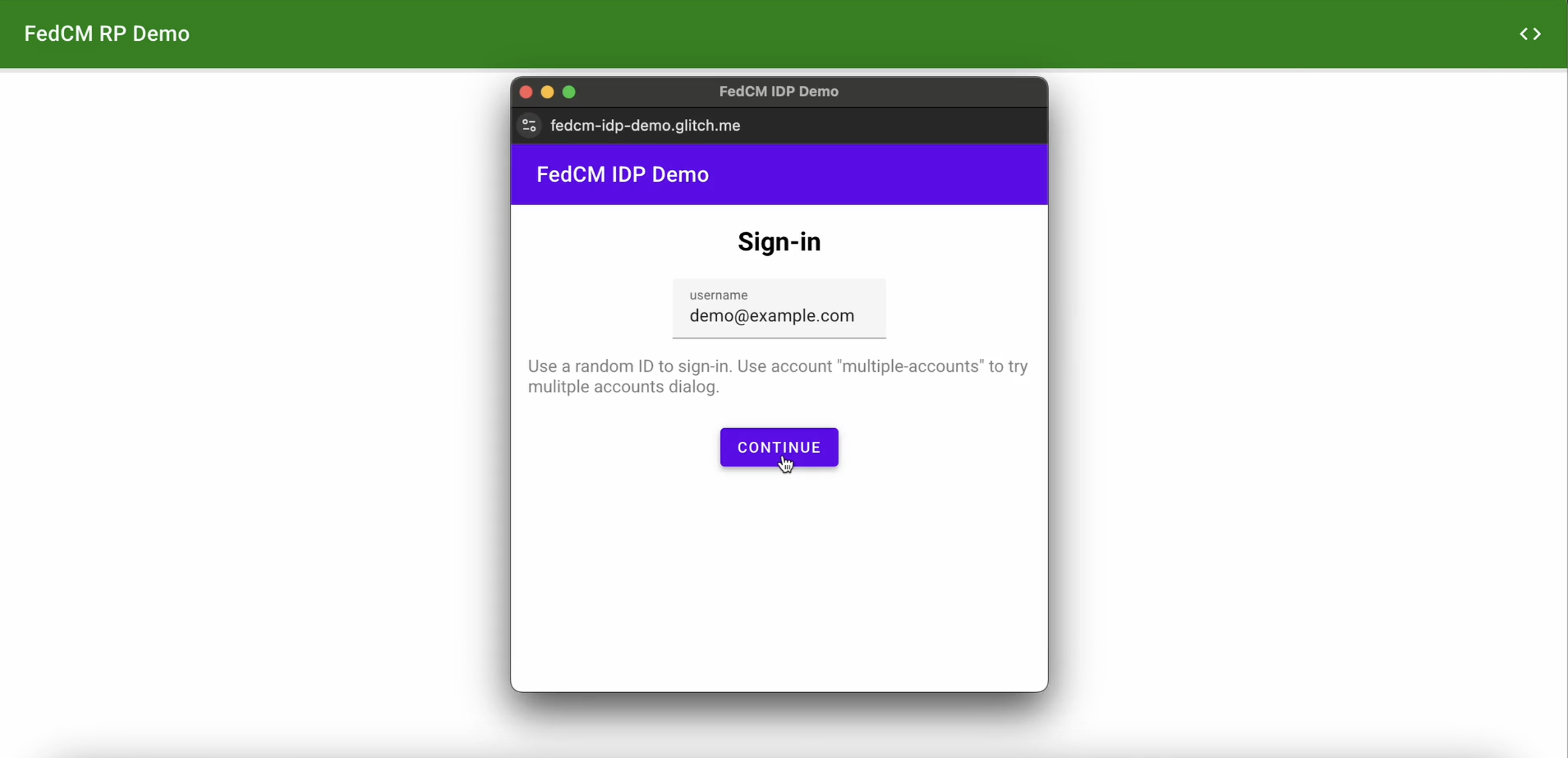 یک نمونه پنجره محاورهای FedCM.