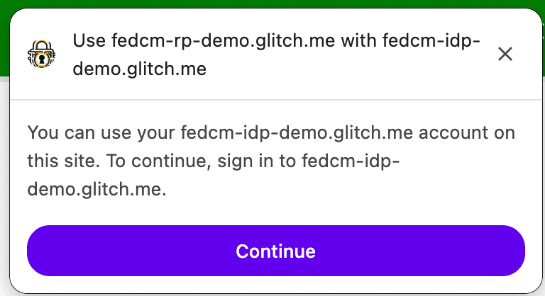 Uma caixa de diálogo da FedCM mostrando uma mensagem de contexto personalizada: em vez de "Fazer login" com a FedCM, a mensagem de contexto diz "Usar" a FedCM.