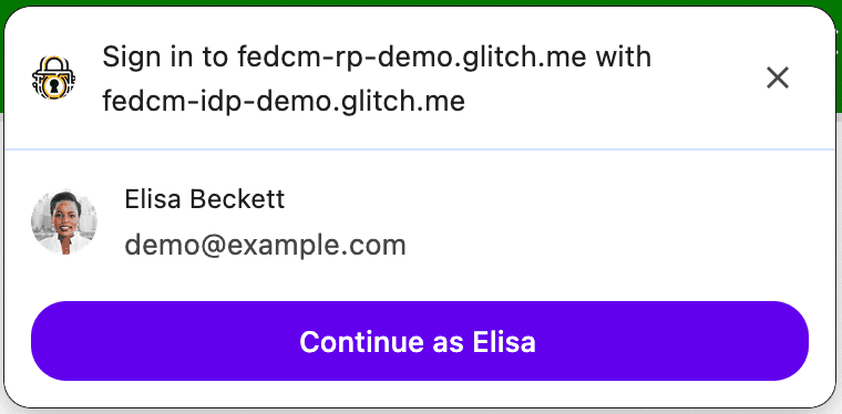 開示 UI メッセージが表示されない FedCM パッシブ モードのダイアログ。