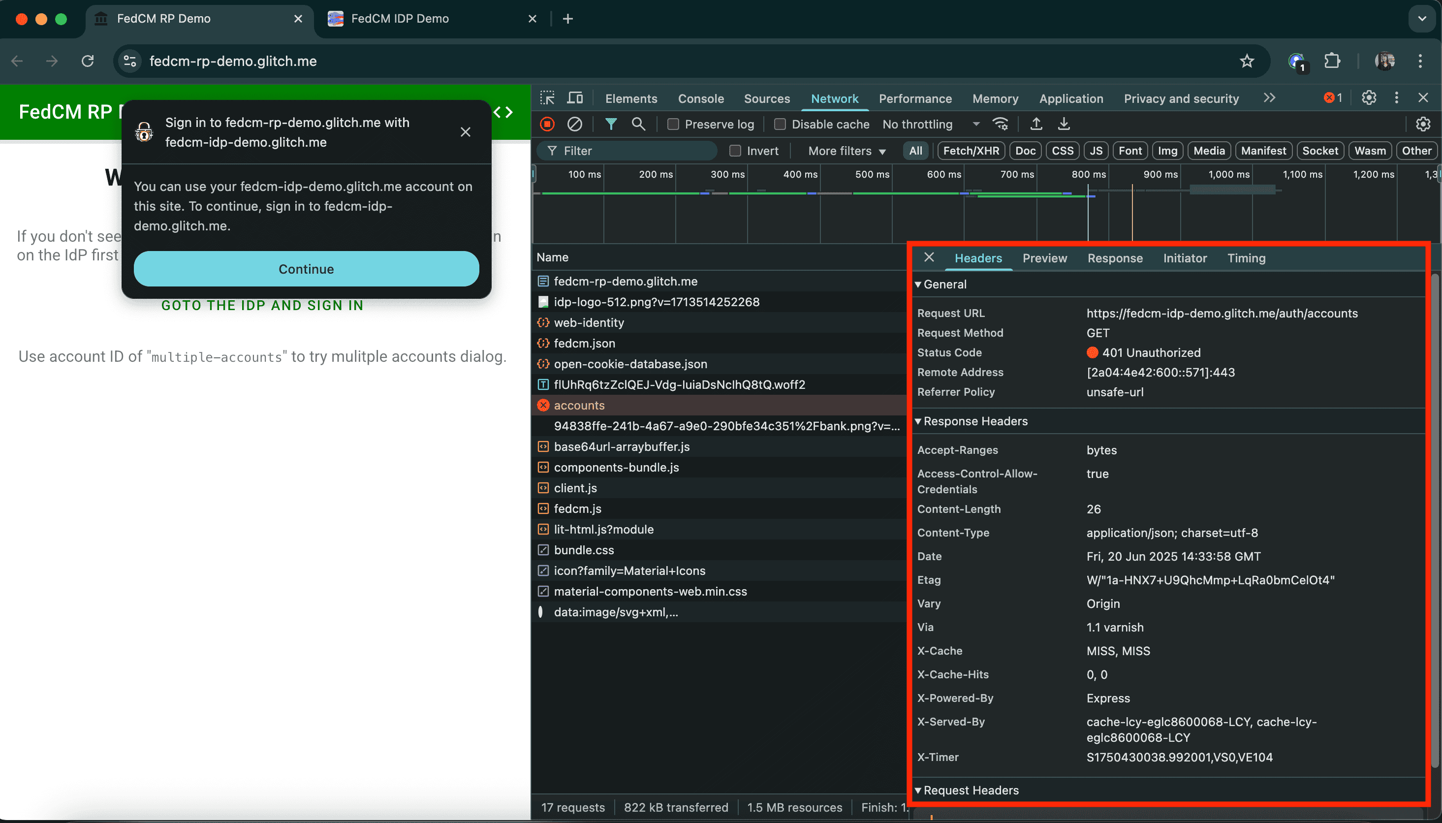 A guia &quot;Cabeçalhos&quot; dos detalhes da solicitação indica que a solicitação para o endpoint &quot;accounts&quot; falhou com o código de status &quot;401 Unauthorized&quot;.