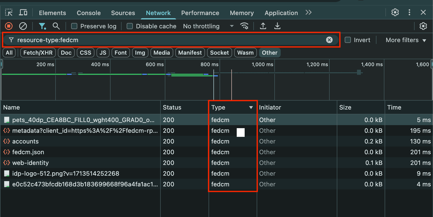 Das Netzwerk-Panel der Entwicklertools ist geöffnet und der Filter „resource-type:fedcm“ ist angewendet. In der Liste werden nur FedCM-Anfragen angezeigt.