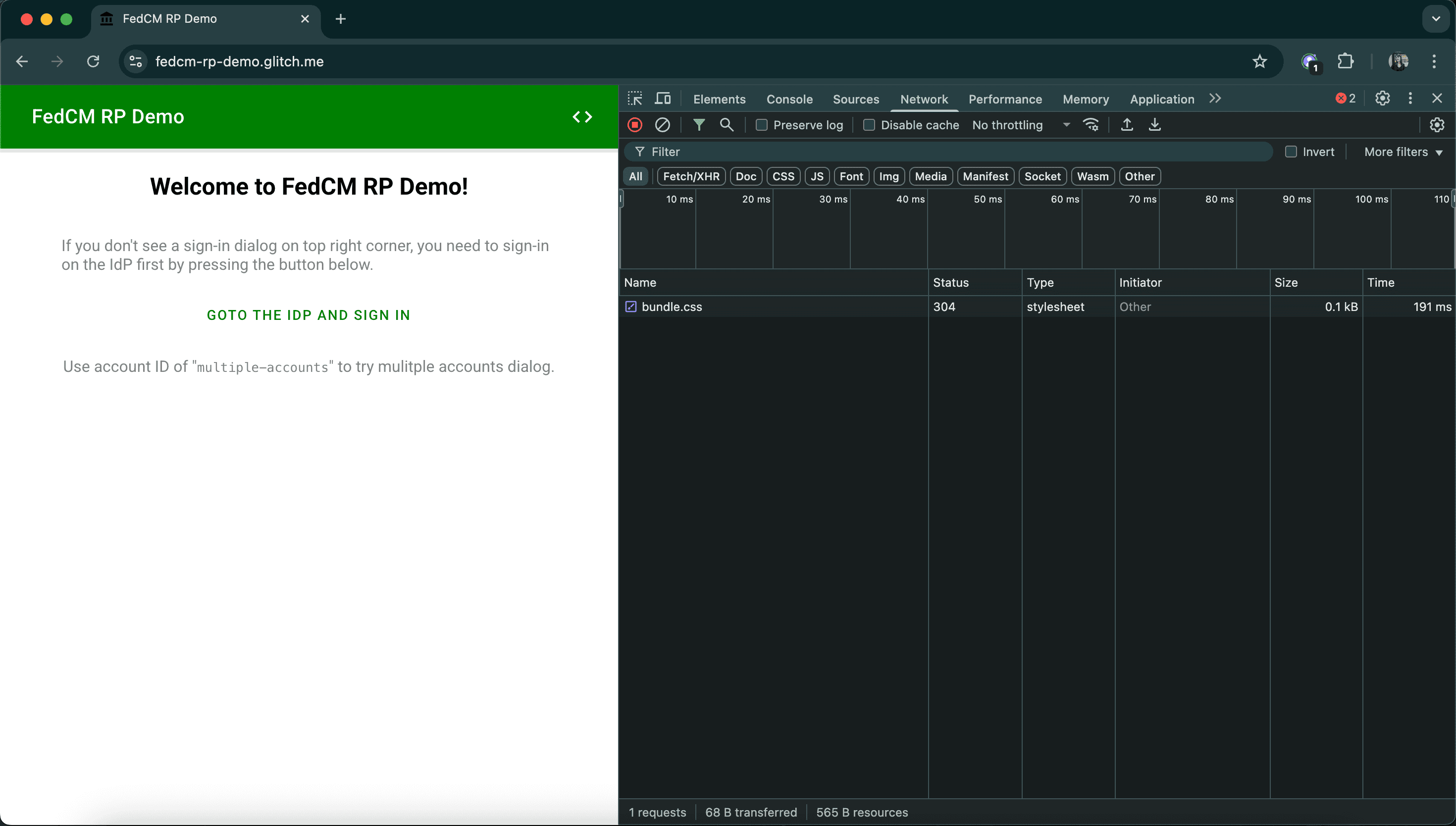 स्क्रीन की दाईं ओर DevTools का नेटवर्क पैनल खुला है.