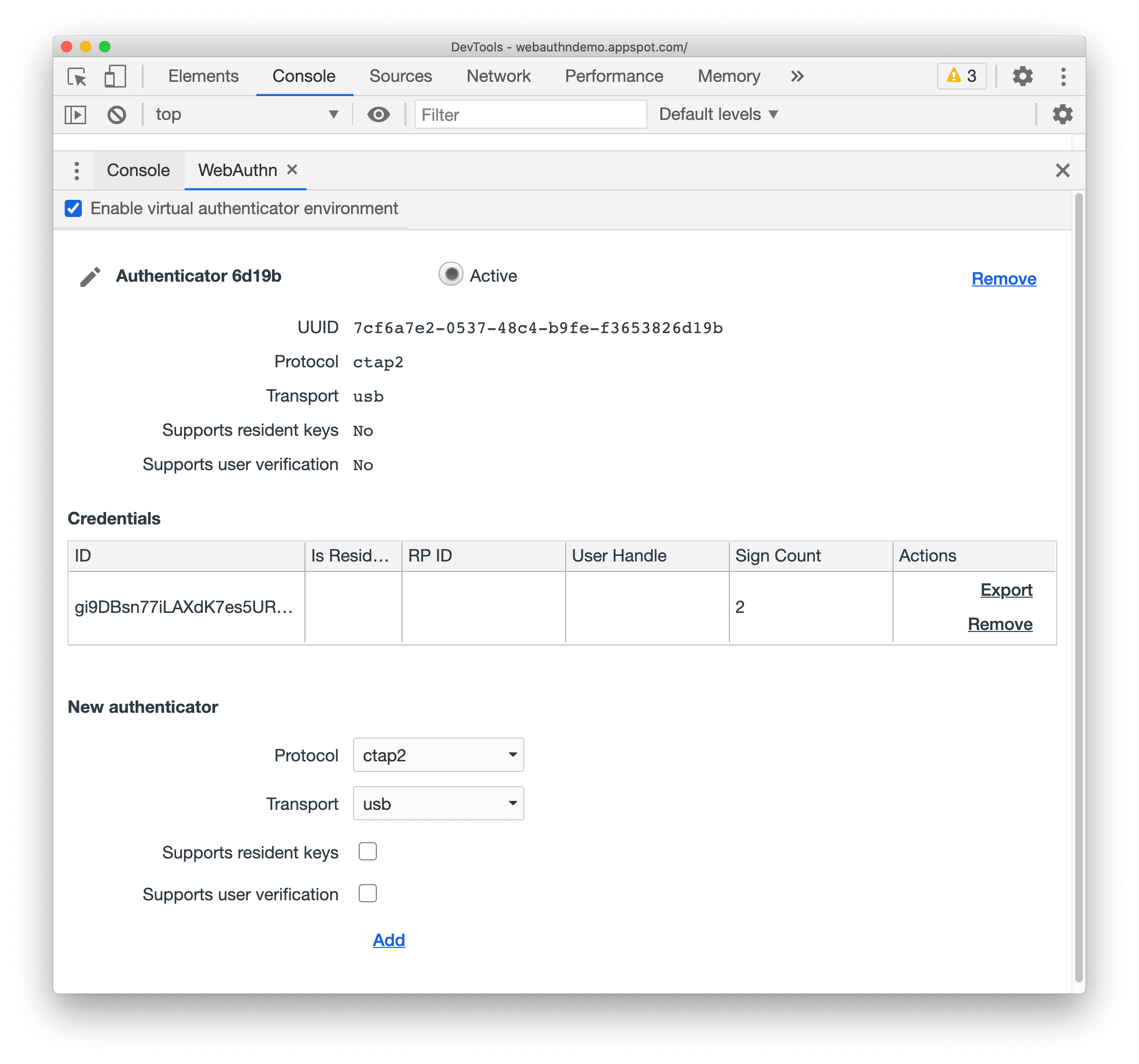 Nueva pestaña de WebAuthn