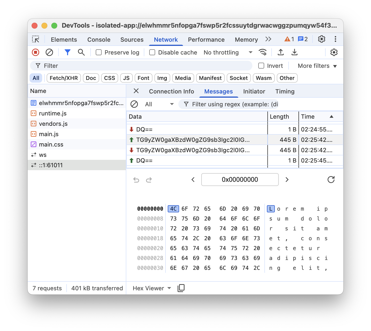 DevTools में मौजूद Messages टैब में मौजूद डेटा.