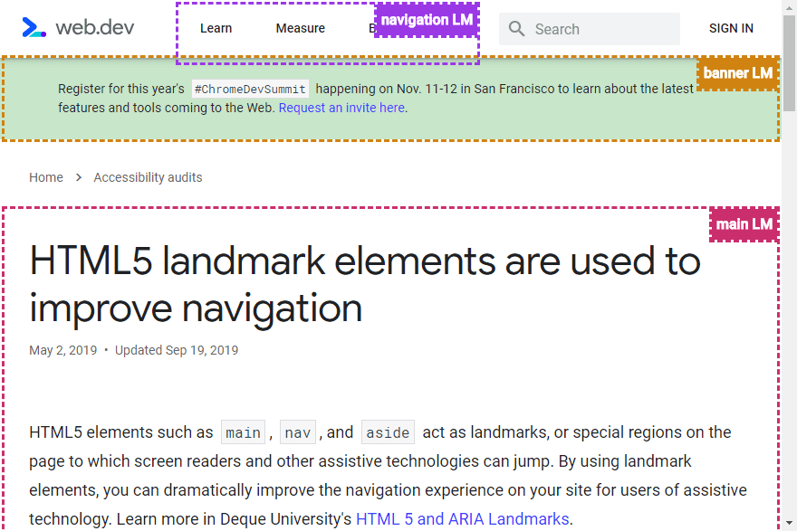 Screenshot of web.dev with landmarks highlighted by the Accessibility Insights extension