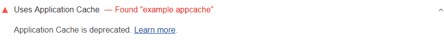 ページがアプリケーション キャッシュを使用していることを示す Lighthouse の監査結果
