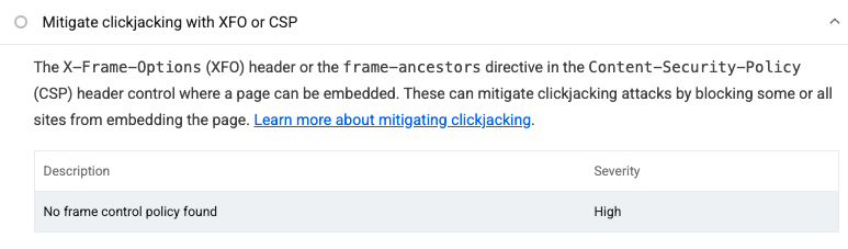 Mitigate clickjacking with XFO or CSP | Lighthouse | Chrome for Developers