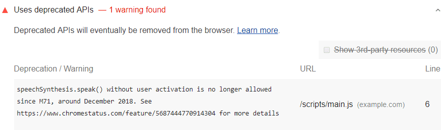 L&#39;audit Lighthouse indique l&#39;utilisation d&#39;API obsolètes