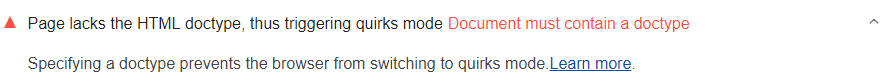 顯示缺少 DOCTYPE 的 Lighthouse 稽核