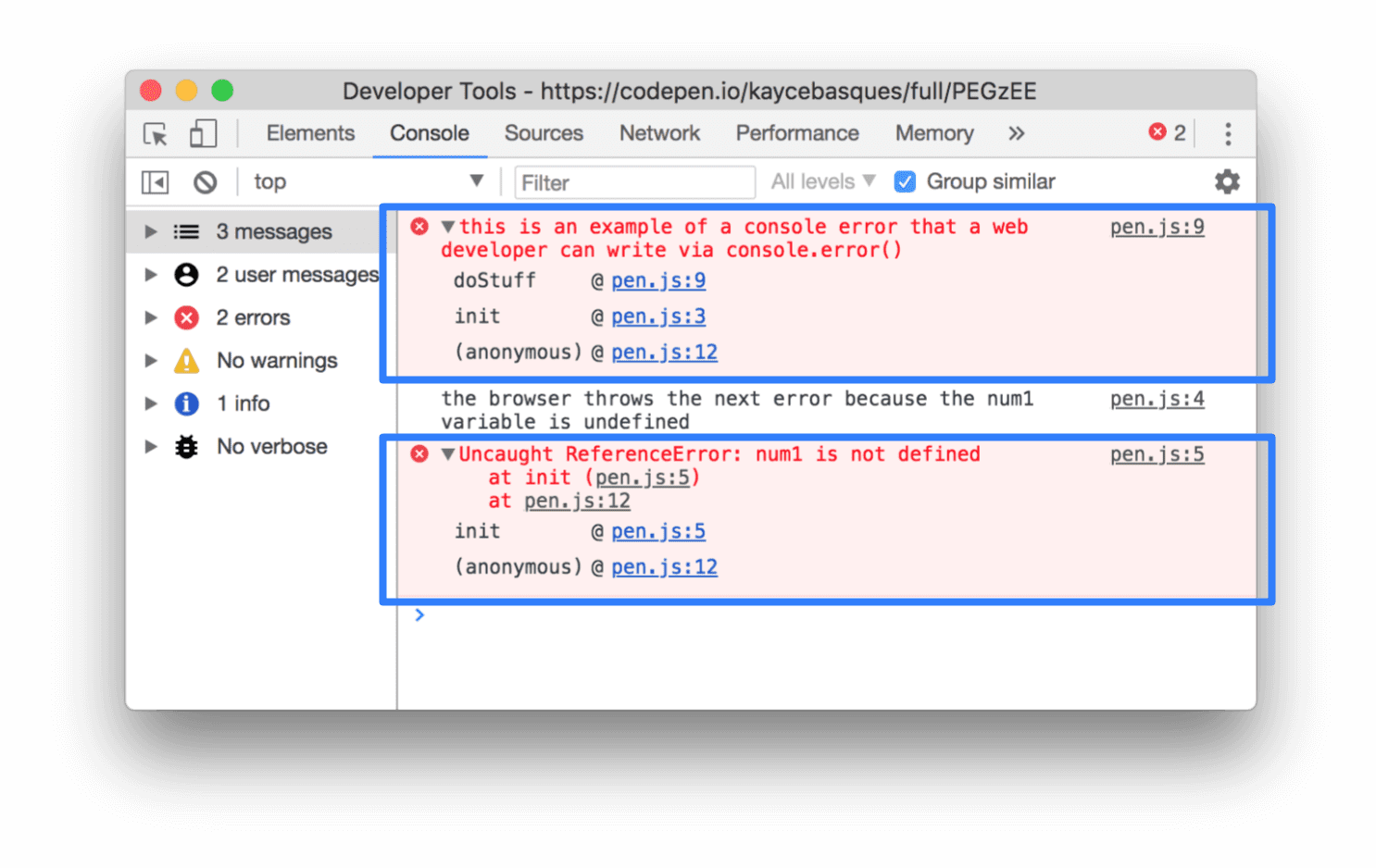 مثال على الأخطاء في وحدة تحكّم أدوات مطوّري البرامج في Chrome