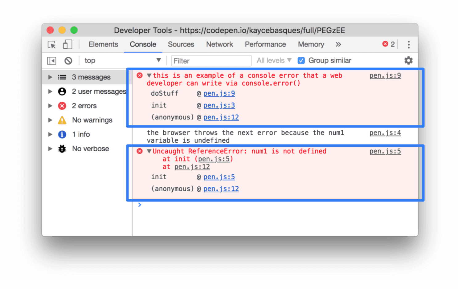 Chrome DevTools কনসোলে ত্রুটির একটি উদাহরণ৷