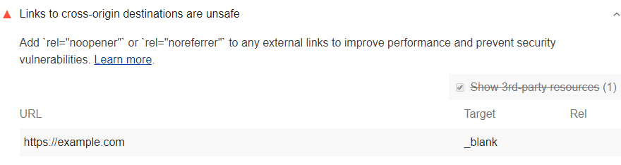 Lighthouse audit showing unsafe links to cross-origin destinations