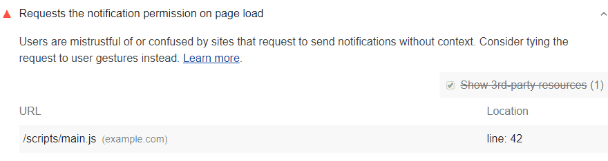Lighthouse audit shows page requests notification permissions on load