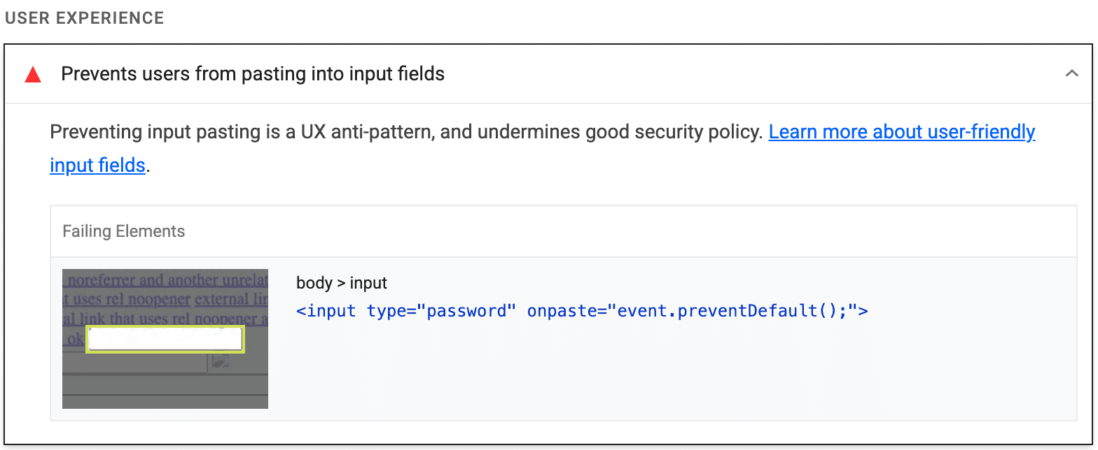 Lighthouse audit shows page stops users from pasting into a password field