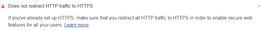 تدقيق أداة Lighthouse يوضح أنّه لا تتم إعادة توجيه زيارات HTTP إلى بروتوكول HTTPS.