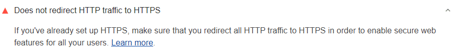 Lighthouse-audit waaruit blijkt dat HTTP-verkeer niet wordt omgeleid naar HTTPS