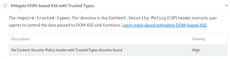Aviso do relatório do Lighthouse informando que o cabeçalho de resposta da CSP estava ausente ou que a diretiva Trusted Types para mitigar o XSS baseado em DOM.
