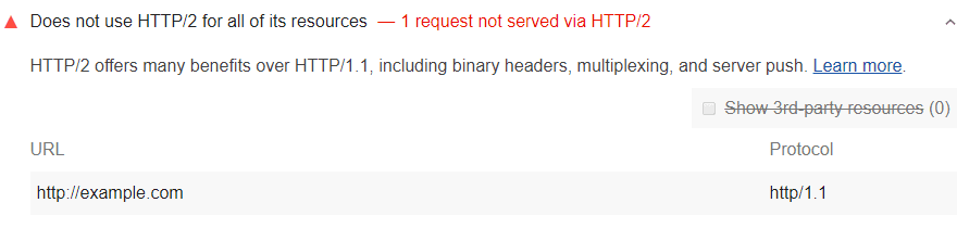 Lighthouse ऑडिट से पता चलता है कि संसाधन, HTTP/2 पर नहीं दिखाए जाते 