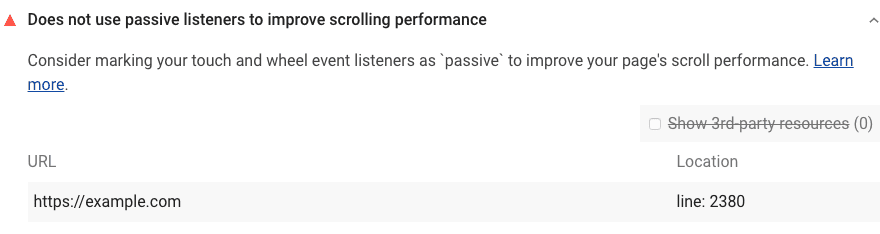 หน้าแสดงการตรวจสอบ Lighthouse ไม่ได้ใช้ Listener เหตุการณ์แบบแพสซีฟเพื่อปรับปรุงประสิทธิภาพการเลื่อน