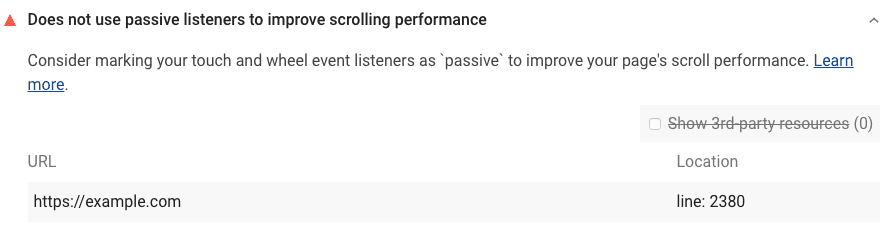 La auditoría de Lighthouse muestra que la página no usa objetos de escucha de eventos pasivos para mejorar el rendimiento del desplazamiento