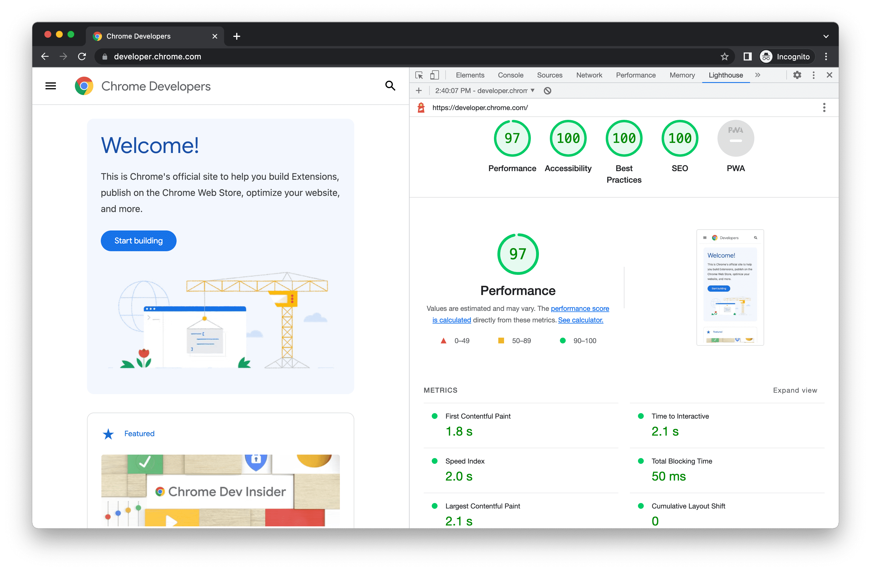 A Lighthouse report in Chrome DevTools