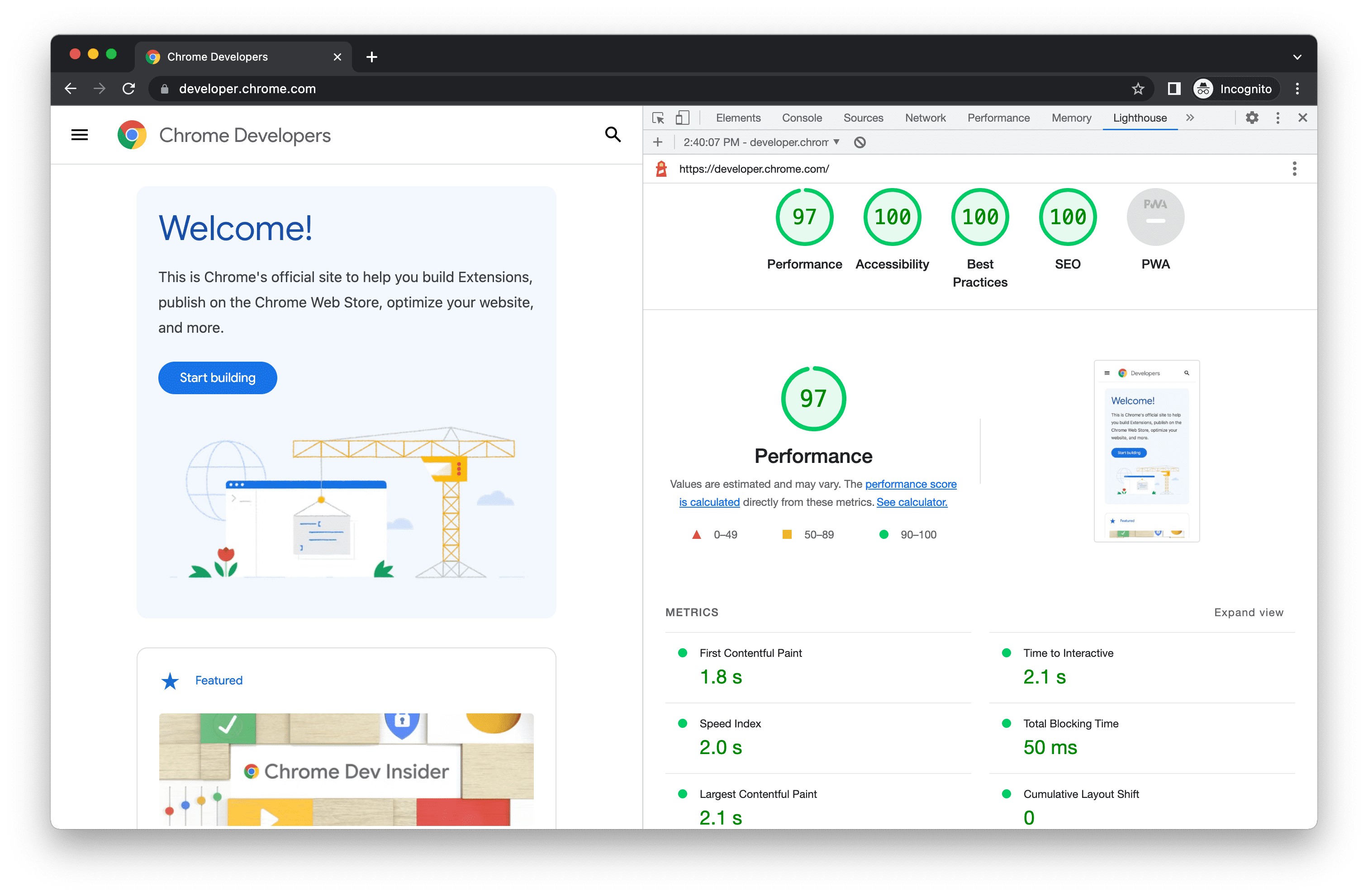 Отчет Lighthouse в Chrome DevTools