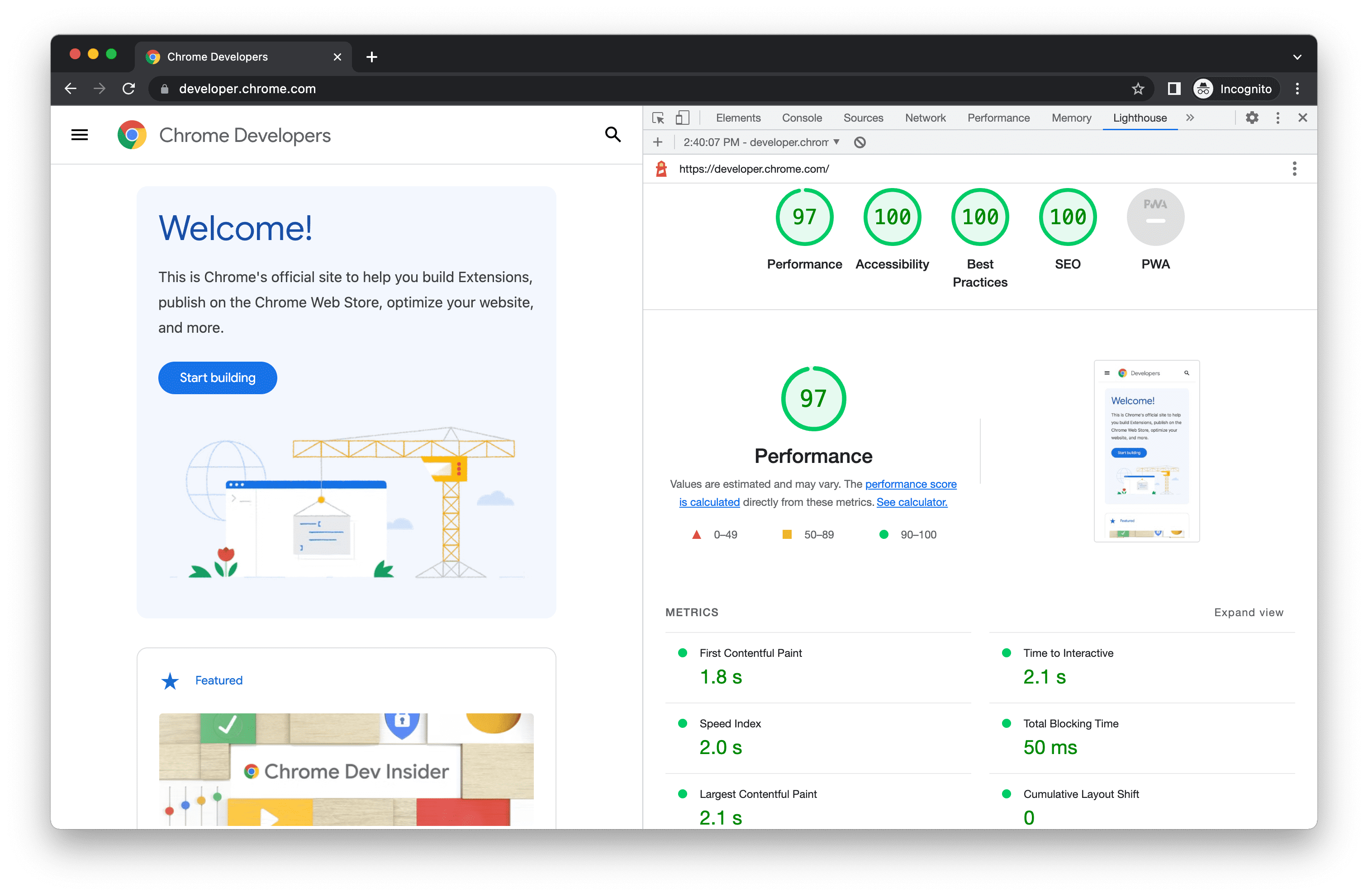 Core Web Vitals dans Page Speed Insight