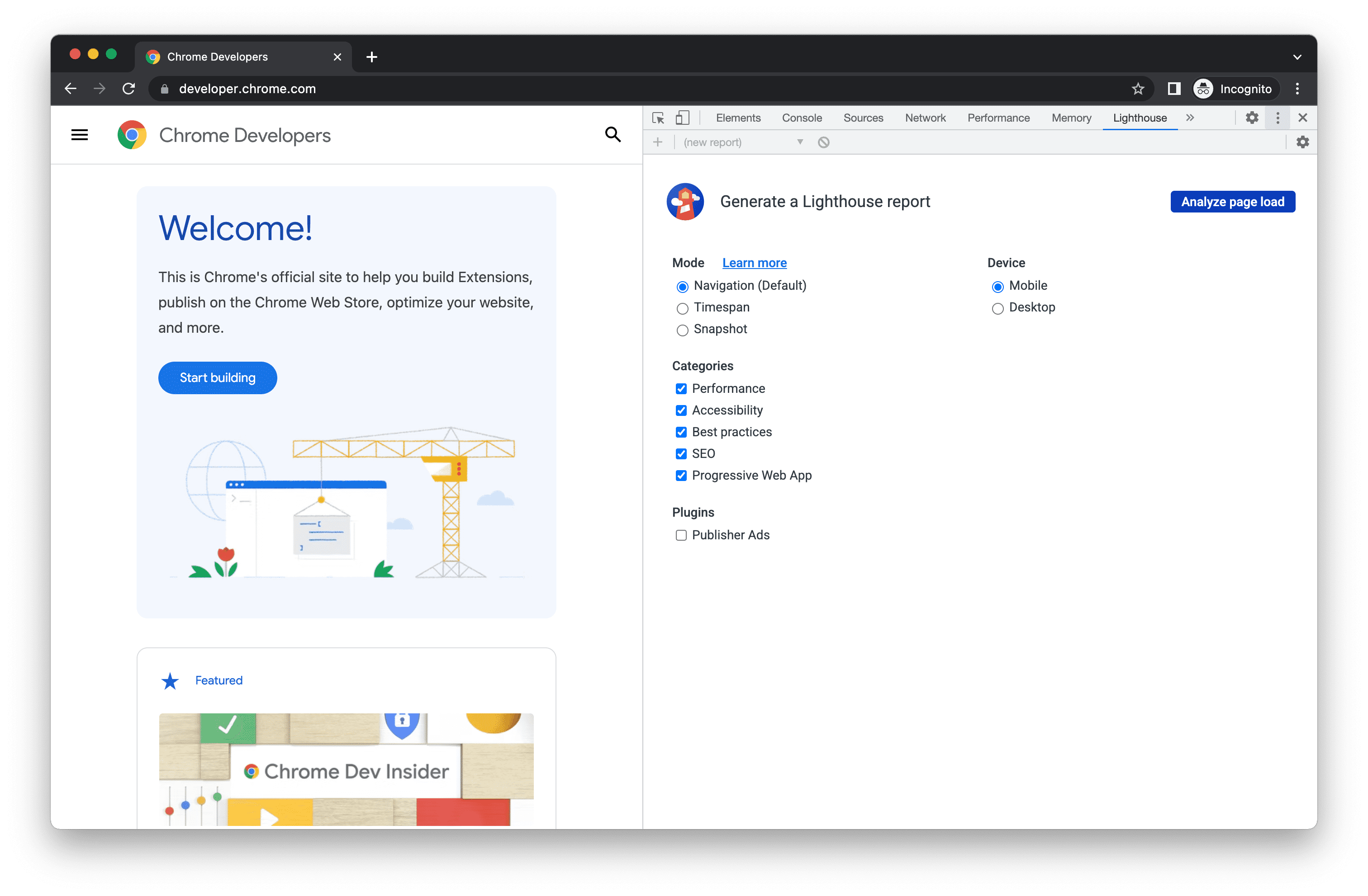 Bảng điều khiển Lighthouse của Công cụ của Chrome cho nhà phát triển