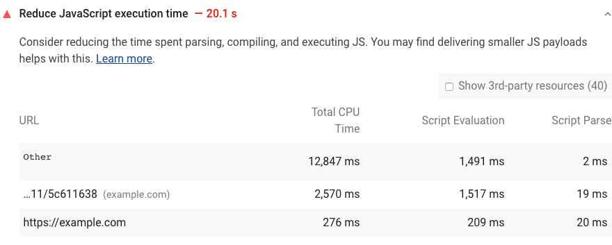 Captura de pantalla de la auditoría de Lighthouse Reduce el tiempo de ejecución de JavaScript