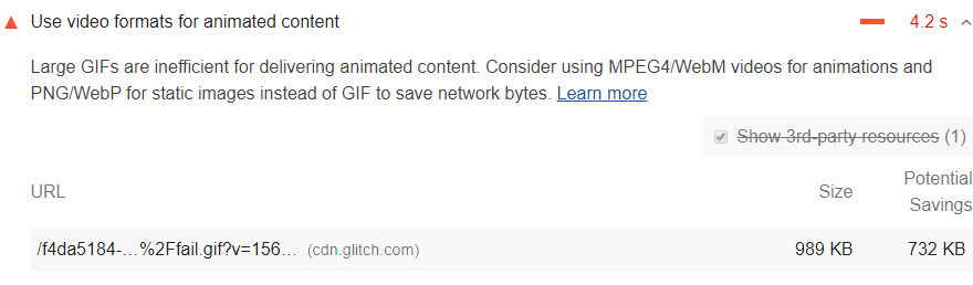 Captura de tela da auditoria "Use formatos de vídeo para conteúdo animado" do Lighthouse