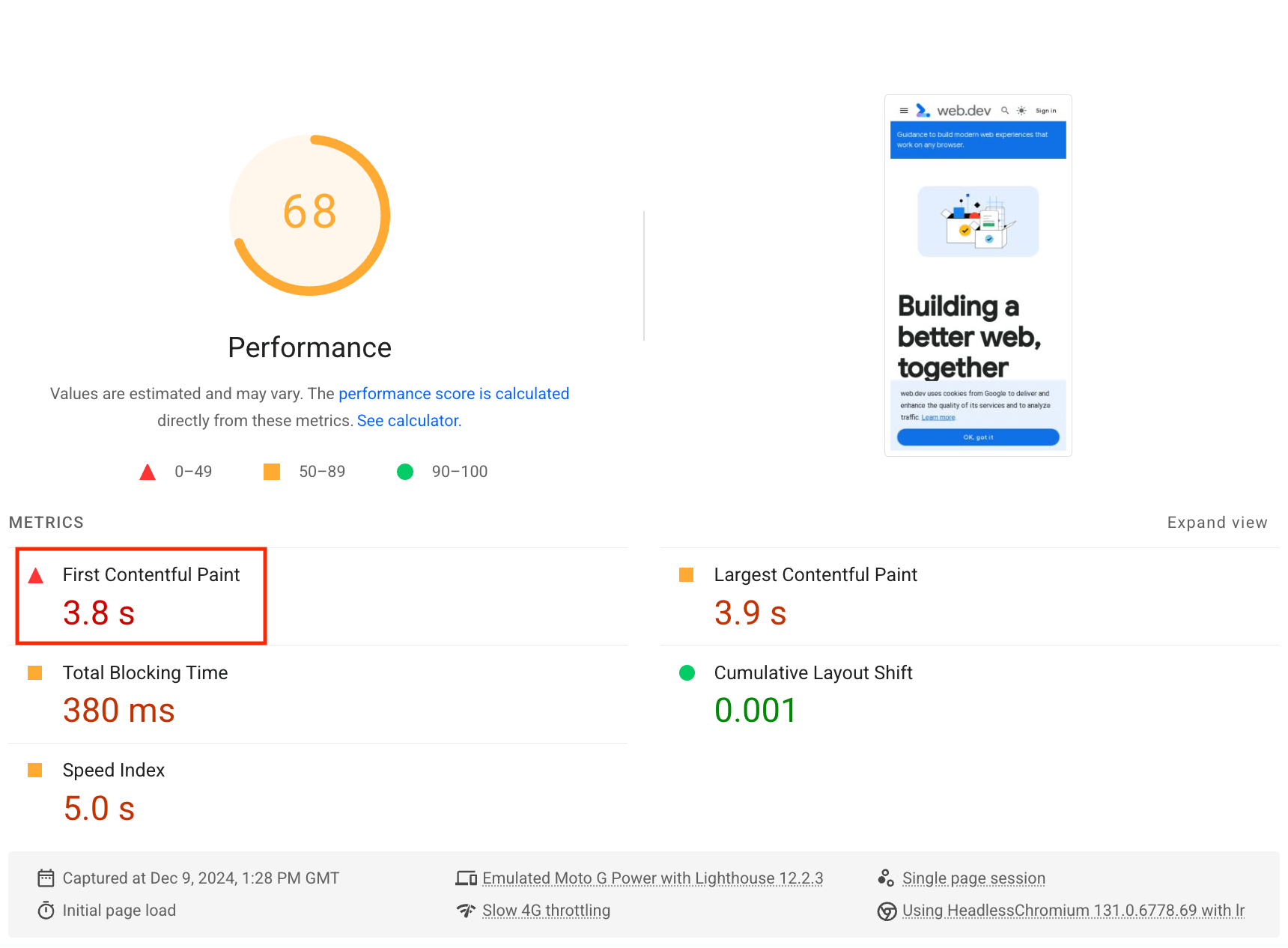 De Lighthouse First Contentful Paint-score gemarkeerd in het gedeelte Metrieken