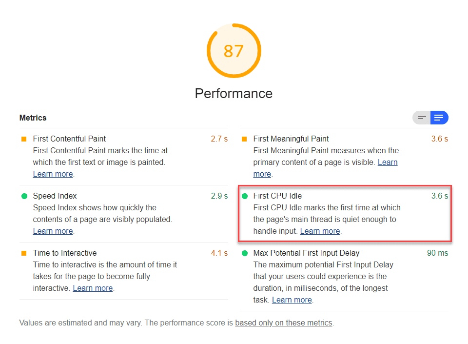 لقطة شاشة لتدقيق نشاط Lighthouse First CPU Idle